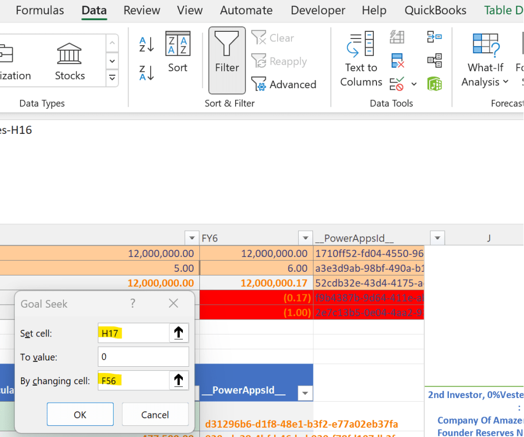 Screenshot of an Excel spreadsheet showing the Goal Seek feature, with rows of financial data and highlighted cells indicating changes in values.