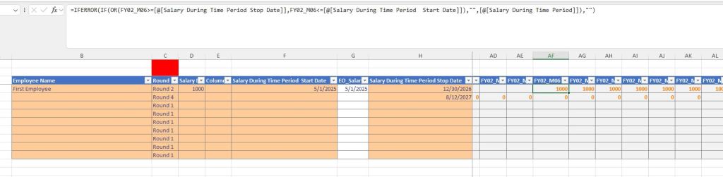 Excel spreadsheet showing employee salary details, including columns for employee name, salary amount, and time period.